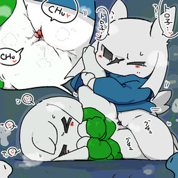 >_< anthro anthro_on_anthro being_watched blue_body blue_clothing blue_sweater blue_topwear blush blush_stickers bottomless bottomless_anthro bottomless_female clitoris clothed clothing duo eyes_closed facial_scar female female/female female_anthro floppy_ears fungus fur genital_shot genitals green_clothing green_sweater green_topwear head_tuft humanoid_genitalia humanoid_vulva intraspecies leg_grab looking_at_another lop_ears one_eye_closed one_eye_half-closed pink_clitoris red_blush red_clitoris scar sex short_tail sweater tail text topwear tribadism tuft vaginal vulva vulva_shot white_body white_ears white_fur white_tail white_tuft x_scar ardest cave_story ma_pignon sue_sakamoto toroko elemental_creature fungi_fauna lagomorph mammal mimiga pignon 1:1 japanese_text