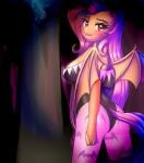 2017 absurd_res anthro bat_pony bat_wings blush breasts butt butt_pose capcom clothing cosplay darkstalkers digital_media_(artwork) equid fangs female flutterbat_(mlp) fluttershy_(mlp) friendship_is_magic hair hasbro hi_res long_hair looking_at_viewer mammal membrane_(anatomy) membranous_wings morrigan_aensland my_little_pony pose solo teeth tight_clothing twistedscarlett60 wings