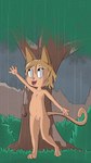 anthro brown_hair casual_nudity female flat_chested fur genitals hair happy navel nipples nude open_mouth outside plant pussy raining solo standing tan_body tan_fur tree young young_anthro young_female soggygoat domestic_cat felid feline felis mammal 9:16 absurd_res hi_res