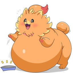 ambiguous_gender back_fat belly big_belly big_butt bloat bloated bowl butt container fangs fat_acceptance fat_and_happy fat_belly fat_folds fat_rolls feral fluffy full_stomach fur happy head_tuft huge_belly hyper hyper_belly morbidly_obese morbidly_obese_ambiguous morbidly_obese_feral obese obese_ambiguous obese_feral orange_body orange_fur overweight overweight_ambiguous overweight_feral pet_bowl potbelly red_body red_fur round_body simple_background soft_belly solo swollen swollen_belly teeth thick_thighs tongue tuft weight_gain weight_pride white_background yellow_body yellow_fur yuyaado nintendo pokemon canid canine canis domestic_dog generation_10_pokemon mammal pokemon_(species) pombon pomeranian spitz 1:1 hi_res