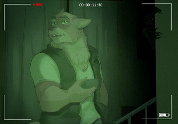5_fingers anthro battery_life camera_view clothing duo fingers fur holding_object humanoid_hands imminent_danger inside looking_at_viewer male night night_vision paranormal_investigator recording shirt solo_focus teeth topwear vest mrlfrk bronx_(bronx23) canid canine canis mammal monster wolf 2021 story story_in_description