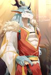 anthro asian_clothing chinese_clothing clothing east_asian_clothing fur grey_body grey_fur humanoid_hands male multicolored_body multicolored_fur solo thank_you_message two_tone_body two_tone_fur white_body white_fur cnnonnbiri96 mythology sdorica qing-feng dragon kirin mythological_creature mythological_scalie scalie 2024 absurd_res colored hi_res