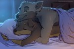 2017 anthro artist_collaboration bed bedroom black_body black_fur brown_body brown_fur canid canine canis captainskee clothed clothing cuddling domestic_dog duo fangs female fur furniture grey_body grey_fur hair half-closed_eyes hi_res hug hugging_object hugging_pillow husband_and_wife looking_at_another looking_down love lying lying_on_another male male/female mammal married_couple mastiff molosser multicolored_body multicolored_fur multicolored_hair narrowed_eyes night on_bed on_front on_top pillow pyndan romantic romantic_ambiance romantic_couple rottweiler roxadelic sleeping smile tasteful teeth topless topless_male two_tone_body two_tone_fur under_covers vao-ra wolf