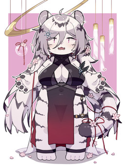 4_toes 5_fingers accessory ahoge anklet anthro barefoot big_breasts biped black_body black_claws black_clothing black_dress black_ears black_fur black_hair black_pawpads black_stripes black_tail black_tail_tip blush blush_lines bow_ribbon breasts chibi claws clothed clothed_anthro clothed_female clothing dipstick_tail dress ear_piercing ear_ring eyelashes feet female female_anthro finger_claws fingerpads fingers flower_accessory front_view full_cleavage fully_clothed fully_clothed_anthro fully_clothed_female fur furgonomics grey_inner_ear hair hair_accessory humanoid_hands inner_boob jewelry kemono legband long_hair looking_at_viewer markings multicolored_body multicolored_ears multicolored_fur multicolored_hair multicolored_pawpads multicolored_tail navel_outline open_:3 open_mouth open_smile ornament pawpads piercing pink_background pink_eyes pink_pawpads red_bow red_ribbon ribbons ring_piercing simple_background smile solo standing striped_body striped_fur stripes tail tail_accessory tail_bow tail_markings tail_ribbon thighband toes two_tone_body two_tone_ears two_tone_fur two_tone_hair two_tone_tail white_body white_ears white_fur white_hair white_tail zao_(pixiv) mahjong_soul hannah_(mahjong_soul) felid mammal pantherine tiger 2024 absurd_res colored digital_media_(artwork) full-length_portrait hi_res portrait shaded simple_shading