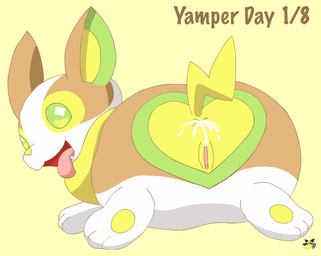 anus bodily_fluids butt cum cum_in_ass cum_inside female feral fur genital_fluids genitals green_eyes logo looking_back lying on_front rear_view simple_background solo tan_body tan_fur tongue tongue_out vulva white_body white_fur yellow_body yellow_fur pichu90 nintendo pokemon canid canine generation_8_pokemon mammal pokemon_(species) yamper 2024 artist_logo dated hi_res