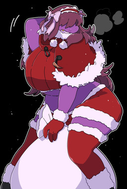 accessory anthro belly big_breasts black_background bow_ribbon breasts breath brown_hair clothing costume crop_top female freckles gloves hair hair_accessory hair_bow hair_over_eyes hair_ribbon hand_behind_head handwear huge_breasts legwear maid_headdress navel purple_body red_clothing red_gloves red_handwear red_legwear red_thigh_highs ribbons sack santa_costume shirt simple_background solo thick_thighs thigh_highs topwear underchikichan deltarune undertale_(series) susie_(deltarune) lightner scalie hi_res