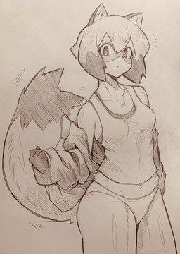 anthro big_tail biped breasts clothed clothing confusion dipstick_tail dressing facial_markings female fist fluffy fluffy_tail fur gloves_(marking) hair head_markings inner_ear_fluff jacket looking_at_viewer markings multicolored_tail neck_tuft panties pupils raised_tail short_hair solo tail tail_markings tail_tuft thick_thighs topwear tuft underwear curemitsuba brand_new_animal studio_trigger michiru_kagemori canid canine mammal raccoon_dog tanuki graphite_(artwork) hi_res monochrome sketch traditional_media_(artwork)