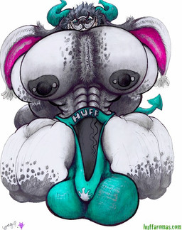 anthro big_muscles big_pecs clothing green_horn horn huge_muscles huge_pecs hyper hyper_muscles hyper_pecs jockstrap kneeling looking_at_viewer male muscular musk pecs piercing solo text underwear yagi_b._(artist) huffaromas demon lagomorph leporid mammal rabbit url