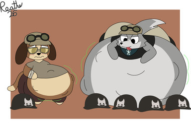 abdominal_bulge anthro belly big_belly big_butt black_clothing black_eyes black_eyewear black_footwear black_goggles black_helmet black_nose black_shoes blue_kerchief blue_neckerchief blush border bottomwear brown_background brown_body brown_bottomwear brown_clothing brown_ears brown_pants brown_tail butt clothing dipstick_tail duo eyewear eyewear_on_head footwear goggles goggles_on_head grey_body grey_clothing grey_hat grey_headwear grey_shirt grey_tail grey_topwear hand_on_belly hand_on_own_belly hat headgear headwear huge_belly huge_butt hyper hyper_belly hyper_butt immobile kerchief looking_at_belly looking_at_own_belly lying male markings motion_lines multicolored_body neckerchief neckwear on_front pants red_tongue shirt shoes simple_background sunglasses tail tail_markings tan_body tan_bottomwear tan_clothing tan_pants tan_tail_tip thick_thighs tongue tongue_out topwear two_tone_body vore white_border reathe pixile_studios super_animal_royale canid canine canis domestic_dog mammal wolf 2026 3:2 colored digital_media_(artwork) flat_colors hi_res signature