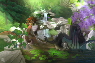 anthro bathing breasts detailed_background duo female lake membrane_(anatomy) membranous_wings nude outside pond swimming tail wings crowlix shima_laqi mythology dragon mammal mustelid mythological_creature mythological_scalie otter scalie artist_collaboration