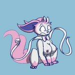 bow_tie breasts busty_feral confusion female feral nipples nude simple_background sitting solo dumderg nintendo pokemon eeveelution generation_6_pokemon pokemon_(species) sylveon 1:1