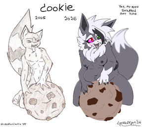 anthro black_claws bodily_fluids breasts claws cookie drooling duo excited female food fur gloves_(marking) grey_body grey_fur heterochromia male markings nude saliva slightly_chubby teeth text white_markings conditional_dnp skoon nintendo pokemon cookie_(skoon) eevee generation_1_pokemon generation_7_pokemon hybrid lycanroc mammal mephitid midnight_lycanroc pokemon_(species) procyonid raccoon skunk absurd_res digital_media_(artwork) english_text hi_res mixed_media redraw traditional_media_(artwork) trans_(lore) trans_woman_(lore)