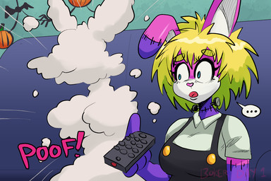 anthro black_clothing black_overalls blonde_hair blue_eyes clothing controller disappearing ellipsis female fur furniture hair halloween_decoration holding_controller holding_object holding_remote_control neck_bolts open_mouth overalls pink_body pink_fur pink_nose poof purple_body purple_fur remote_control shirt sitting sofa solo surgical_suture text topwear white_clothing white_shirt white_topwear boker mary_(boker) 3:2 digital_media_(artwork) english_text