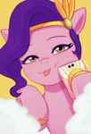 cellphone cloud electronics female feral green_eyes hair headpiece hooves looking_at_viewer phone pink_body purple_hair smartphone solo tongue tongue_out marenlicious hasbro mlp_g5 my_little_pony pipp_petals_(mlp) equid equine mammal hi_res portrait