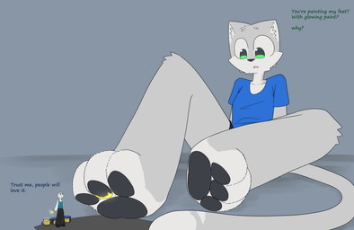 anthro clothed clothing duo feet female fur grey_body hair macro male male/female pawpads paws tail text toes k_o_tsitraeht zoe_(zoeandtom) felid feline felis human humanoid mammal 2025 absurd_res digital_media_(artwork) english_text hi_res