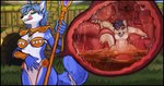 anthro black_hair blue_body blue_eyes blue_fur blue_hair bodily_fluids bottomwear breasts clothed clothing duo fangs featureless_breasts female fur glistening glistening_eyes green_eyes hair holding_object holding_staff inside_stomach internal licking licking_lips licking_own_lips loincloth nude open_mouth orange_clothing orange_topwear outside short_hair sitting staff standing stomach_acid tan_body tan_fur teeth tongue tongue_out topwear vore white_body white_bottomwear white_clothing white_fur white_loincloth acidic nintendo star_fox juliet_(hatham) krystal_(star_fox) canid canine fox mammal 256:135