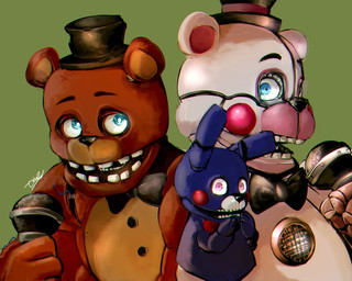 anthro blue_eyes bow_(feature) bow_tie button_(fastener) clothing electronics group hat headgear headwear machine microphone pink_eyes simple_background speaker top_hat wire timetime726 five_nights_at_freddy's five_nights_at_freddy's_2 scottgames sister_location funtime_freddy_(fnafsl) puppet_bonnie_(fnafsl) withered_freddy_(fnaf) animatronic bear lagomorph leporid mammal rabbit robot 2017 5:4
