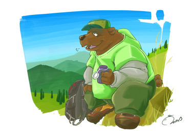 anthro backpack bottomwear brown_body clothing hat headgear headwear kemono male mountain outside overweight overweight_male pants plant sitting solo tree 0ottotto0 bear mammal 2018 hi_res