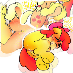 accessory adult_on_young age_difference anthro balls blonde_hair blush blush_lines blushing_profusely bodily_fluids bow_ribbon covering covering_mouth cunnilingus cutie_mark dialogue duo ears_down fantasizing female freckled_face freckled_shoulders freckles genital_fluids genitals hair hair_accessory hair_bow hair_ribbon hair_tie hooves intersex intersex/female masturbation moan motion_lines older_sister open_mouth oral orange_balls orange_body orange_ears orange_text penetration penis pivoted_ears red_hair red_hair_tie red_tail ribbons sex simple_background tail text thinking_about_another thought_bubble tied_hair vaginal vaginal_fluids vaginal_penetration vulva white_background yellow_body yellow_ears yellow_hooves yellow_text young young_female younger_sister punnyfilling friendship_is_magic hasbro my_little_pony apple_bloom_(mlp) applejack_(mlp) equid equine horse mammal pony 1:1 2026 colored digital_drawing_(artwork) digital_media_(artwork) english_text hi_res incest_(lore) sibling_(lore) sister_(lore) sisters_(lore)