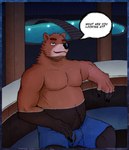 anthro bathing belly black_nose brown_body brown_fur bulge clothing detailed_background fur genitals humanoid_hands male outside overweight overweight_male penis sitting solo swimwear text szremna password_(visual_novel) dean_(password) bear brown_bear mammal ursine 2021 absurd_res english_text hi_res