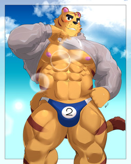 abs anthro biceps black_eyes blush bodily_fluids clothing cloud eyebrows fur grey_clothing grey_shirt grey_topwear male muscular muscular_anthro muscular_arms muscular_male muscular_thighs nipples pecs shirt sky solo sweat sweatdrop topwear underwear yellow_body yellow_fur reclamon animal_crossing nintendo tybalt_(animal_crossing) felid mammal pantherine tiger hi_res