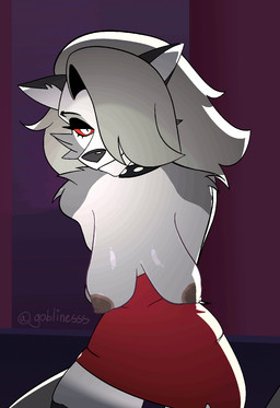 anthro big_breasts bouncing_breasts breasts clothed clothing collar dress female flashing flashing_breasts glistening glistening_breasts nipples red_sclera sagging_breasts solo white_eyes goblinesss hellaverse helluva_boss mythology loona_(helluva_boss) canid canid_demon canine demon hellhound mammal mythological_canine mythological_creature 2d_animation animated hi_res loop short_playtime