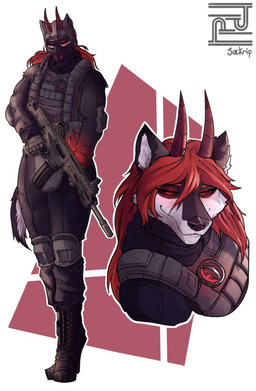 anthro black_sclera clothing female fur hair horn looking_at_viewer military muscular muscular_female red_eyes red_hair simple_background smile soldier solo tail text warrior jack_rip a_man_in_a_beasts_world riley_carmine_(ghilliecamo) canid canine canis mammal wolf hi_res
