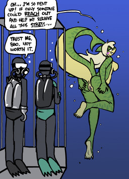 air_bubble alternate_species anthro anus blonde_hair blush breasts butt dialogue ellipsis featureless_breasts female fin genitals green_body group hair hand_on_butt hand_on_own_butt hook hook_hand humor inviting_to_sex long_hair looking_at_another looking_back looking_back_at_another male narrowed_eyes non-mammal_breasts nude nude_anthro nude_female oxygen_tank presenting presenting_vulva raised_tail scuba_gear shark_cage smile speech_bubble spread_butt spreading tail tail_fin teasing teeth text trio underlined_text underwater vulva water yellow_body shyguy9 sophie_(shyguy9) fish human mammal marine shark english_text hi_res