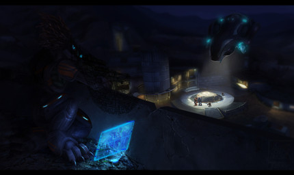 3_toes aiming_gun aiming_rifle aiming_weapon aircraft anthro blue_eyes crouching digitigrade face_covered feather_hair feathered_crest feathers feet female female_focus full_armor glowing glowing_eyes gun head_crest holding_gun holding_object holding_ranged_weapon holding_rifle holding_weapon hologram holographic_screen outside pseudo_hair ranged_weapon red_body red_feathers rifle sniper sniper_rifle solo solo_focus spacecraft spotlight toes vehicle weapon stefaink halo_(series) microsoft xbox_game_studios on'tari_(novera) alien avian kig-yar sangheili scalie t'vaoan unggoy hi_res story story_in_description