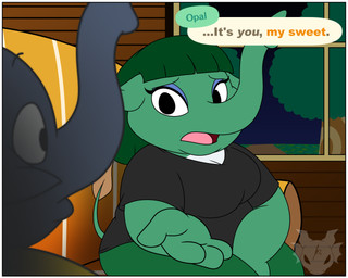 anthro border breasts cleavage clothed clothing dialogue double_chin duo eyelashes eyeliner eyeshadow female frown furniture green_hair hair inside looking_at_another makeup male night obese obese_anthro obese_female overweight overweight_anthro overweight_female proboscis_(anatomy) shirt sitting sofa t-shirt text topwear trunk_(anatomy) white_border window jouigidragon animal_crossing nintendo dizzy_(animal_crossing) opal_(animal_crossing) elephant elephantid mammal proboscidean 2022 5:4 english_text hi_res watermark