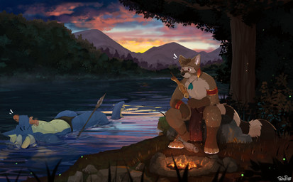 anklet anthro black_bottomwear black_clothing black_tail blue_body bottomwear brown_body brown_fur brown_hair campfire clothing cooking detailed_background ear_piercing ear_ring eyes_closed facial_markings fire food forest fur glistening glistening_eyes grass grey_horn hair head_markings horn jewelry leg_markings loincloth male markings mask_(marking) melee_weapon mountain mouth_closed necklace partially_submerged piercing plant polearm pond red_bottomwear red_clothing red_eyes red_loincloth ring_piercing river rock short_hair shrub sitting sky socks_(marking) spear striped_markings striped_tail stripes sunset swimming tail tail_markings tree tribal weapon white_body white_fur white_tail yellow_body pache_riggs mythology alx_(alxringtail) aquatic dragon fish mammal mythological_creature mythological_scalie procyonid raccoon scalie absurd_res hi_res signature