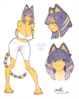 5_toes anthro bangs barefoot blue_ears blue_hair blush bob_cut breasts cleavage clothed clothing costume curvy_figure feet female glistening hair legwear looking_at_viewer markings partially_clothed seductive simple_background skimpy small_waist smile soles solo striped_markings striped_tail stripes tail tail_markings thick_thighs thigh_highs tight_clothing toes yellow_body yellow_face yellow_inner_ear sharkxbark animal_crossing nintendo ankha_(animal_crossing) domestic_cat felid feline felis mammal 4:5 hi_res