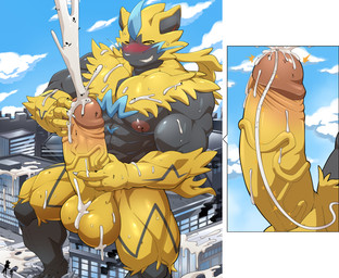 abs anthro asphyxiation balls biceps black_body blush bodily_fluids building city claws cock_vore cum cum_on_balls cum_on_chest cum_on_penis cumshot drowning drowning_in_cum ejaculation erection excessive_cum excessive_genital_fluids extreme_size_difference eyes_closed fur genital_fluids genitals hyper internal macro male masturbation multiple_prey muscular muscular_male orgasm penile penis quads sitting size_difference solo sweat urethra vore whiskers yellow_body yellow_fur maldu nintendo pokemon felid generation_7_pokemon legendary_pokemon mammal pokemon_(species) zeraora absurd_res digital_media_(artwork) hi_res