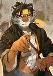 accessory anthro claws hair headband long_hair looking_at_viewer male solo yellow_eyes yellow_headband so-jun arknights hypergryph studio_montagne huai_tianpei_(arknights) felid mammal pantherine tiger