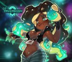 breasts cleavage clothed clothing cosmic_background crop_top electronics female green_eyes headphones midriff pseudo_hair shirt solo starry_background tentacle_hair tentacles topwear onimiere nintendo splatoon marina_(splatoon) cephalopod humanoid marine mollusk octarian octoling guide_lines hi_res