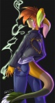 ambiguous_gender anthro bottomwear cigarette clothing denim denim_bottomwear denim_clothing green_eyes jacket jeans looking_back pants smoke smoking solo tail topwear 0r0ch1 ac_(aycee) chimera hybrid