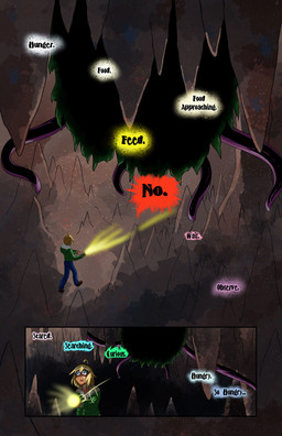 blonde_hair blue_bottomwear blue_clothing blue_eyes blue_jeans blue_pants bottomwear cave clothing denim denim_bottomwear denim_clothing dialogue dialogue_box duo female flashlight hair jacket jeans male pants shadow speech_bubble stalactite stalagmite tentacles text topwear dr_artist miaryu_(dr_artist) tera_rollins_(dr_artist) alien human mammal absurd_res english_text hi_res