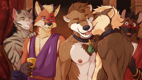 anthro athletic athletic_male bedroom_eyes black_nose black_spots blonde_hair blue_eyes blush brown_body brown_fur brown_hair clothing collar collar_only container countershading cup curtains detailed_background duo_focus ear_piercing ear_ring eyebrow_scar eyebrows eyes_closed facial_scar fur goblet green_eyes grey_body grey_fur group hair holding_goblet inner_ear_fluff intraspecies kissing licking logo male male_anthro narrowed_eyes nipples nude orange_body orange_fur partially_clothed_male pecs piercing pink_nipples pink_nose relaxed_expression ring_piercing robe scar seductive serratus shocked short_hair smile spots text tongue tuft whisker_spots whiskers white_body white_fur yellow_body yellow_eyes yellow_fur ventkazemaru canid canine domestic_cat felid feline felis fox hyena mammal mustelid otter 2025 artist_logo artist_name dated half-length_portrait hi_res portrait