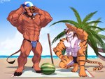 2_horns abs anthro ball beach beach_towel beard biceps black_clothing black_hair black_speedo black_swimwear blonde_hair blue_clothing blue_eyes blue_sky blue_speedo blue_swimwear body_hair braided_hair braided_ponytail brown_body brown_fur chest_hair claws clothed clothing crouching digitigrade duo eye_patch eyewear facial_hair food forearm_muscles fruit fur goggles goggles_around_neck hair holding_volleyball hooved_digitigrade hooved_toes hooves horn male melon multicolored_body multicolored_fur muscular muscular_anthro muscular_male nipples obliques orange_body orange_fur outside palm_tree pecs plant ponytail sand sea serratus sky speedo stick striped_body striped_fur stripes swimwear tail toe_claws topless towel tree two_tone_speedo volleyball_(ball) water watermelon wave white_body white_fur white_hair yellow_eyes shiriya_k harry_baker lin_(anil_nilnil) bovid bovine cattle felid mammal pantherine tiger 2021 4:3 dated hi_res