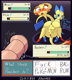 animal_genitalia animal_penis anthro anus backsack balls balls_touching blush bodily_fluids butt disembodied_penis duo equine_genitalia equine_penis gameplay_mechanics genitals gui health_bar looking_back male male/male nude open_mouth penis smile sweat text not_safe_for_reality nintendo pokemon equid generation_1_pokemon generation_3_pokemon mammal minun plusle pokemon_(species) rapidash 2018 absurd_res digital_media_(artwork) english_text hi_res