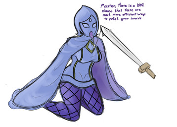 2_missing_limbs amputee armless blue_body blue_eyes blue_skin bodily_fluids breasts clothing disability double_amputee female fishnet_clothing kneeling melee_weapon missing_all_arms missing_arm not_furry open_mouth saliva saliva_string solo suggestive sword text weapon unknown_artist nintendo skyward_sword the_legend_of_zelda fi_(tloz) humanoid english_text