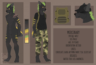 anthro backpack clothed clothing fur hair hat headgear headwear looking_at_viewer male nude off/on side_view solo text dannoitanart canid canine canis mammal wolf english_text model_sheet multiple_images