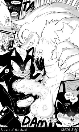 abs anthro aroused aroused_face balls big_balls big_nose big_penis black_nose blush blush_lines breath chest_tuft claws dialogue duo ear_blush fangs fluffy fluffy_chest genitals huge_penis larger_male looking_at_genitalia looking_at_penis male male/male mesmerized muscular muscular_anthro muscular_arms muscular_male penile_spines penis quills_(anatomy) sharp_teeth shoving size_difference speech_bubble teeth text tuft vein veiny_penis krazyelf sega sonic_the_hedgehog_(series) sonic_unleashed shadow_the_hedgehog sonic_the_hedgehog sonic_the_werehog eulipotyphlan hedgehog mammal werecreature wereeulipotyphlan werehog 3:5 absurd_res black_and_white comic english_text hi_res monochrome