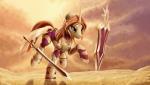 anthro armor brown_eyes brown_hair desert female hair hooves melee_weapon sand shield solo sword weapon zigword hasbro league_of_legends my_little_pony riot_games tencent leona_(lol) equid equine horse mammal pony 2016 crossover detailed hi_res