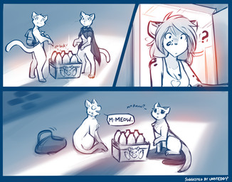 ambiguous_gender anthro backpack bodily_fluids bottle breasts cape chest_tuft cleavage clothed clothed_feral clothing confusion container door female feral fur group hair looking_aside markings meowing milk nervous pleading_eyes question_mark semi-anthro shirt spots spotted_body spotted_fur stare surprised sweat sweatdrop tank_top text topwear tuft whiskers conditional_dnp tom_fischbach twokinds kathrin_vaughan canid canine domestic_cat felid feline felis hybrid keidran mammal 2021 adobe_photoshop_(artwork) comic digital_media_(artwork) english_text monochrome sketch