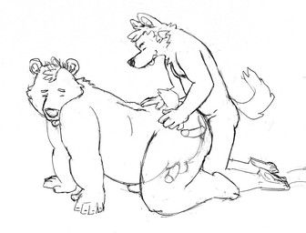 all_fours anal anal_penetration anthro balls duo erection eyes_closed genitals humanoid_hands larger_penetrated larger_sub male male/male male_penetrated male_penetrating male_penetrating_male overweight overweight_male penetration penis sex simple_background size_difference submissive tongue tongue_out white_background osos bear canid canine canis domestic_dog mammal 2015 archived_source monochrome
