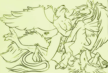anthro anus bodily_fluids breasts clitoris cum cunnilingus erection eyes_closed feathered_wings feathers female genital_fluids genitals group group_sex herm herm/male intersex intersex/male knot licking lying male male/female messy nipples nude on_back oral penis raised_tail sackless sex side_view straddling tail threesome tongue tongue_out triangle_position trio vaginal vulva wings endenden unknown_species