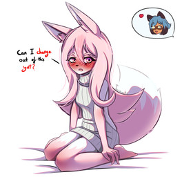 anime_nosebleed anthro barefoot blush blush_lines breasts clothed clothing cutaway dialogue dipstick_tail duo expression_cutaway feet female fur gloves_(marking) hair heart_symbol kneeling leg_markings long_hair looking_at_viewer markings open_mouth pink_body pink_fur pink_hair purple_eyes seiza shy sitting small_breasts socks_(marking) solo_focus sweater tail tail_markings talking_to_another text three-quarter_view topwear virgin_killer_sweater white_body white_fur cerbross brand_new_animal meme_clothing studio_trigger michiru_kagemori nazuna_hiwatashi canid canine fox mammal 2021 absurd_res digital_media_(artwork) english_text full-length_portrait hi_res meme portrait signature