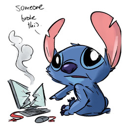 big_head black_eyes blue_body blue_claws blue_fur blue_nose claws computer computer_monitor computer_mouse destruction dialogue electronics fur gesture hand_gesture looking_at_viewer notched_ear pointing sitting small_tail smoke solo tail text toe_claws creativemechanics disney lilo_and_stitch stitch_(lilo_and_stitch) alien experiment_(lilo_and_stitch) 1:1 2017 colored_sketch english_text reaction_image sketch