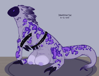 2_fingers 2_toes arms_bent arms_tied bdsm big_nipples big_teats black_claws bondage bound claws fantasy feet female female_feral feral fingers forked_tail fur fuzzy grey_background grey_body grey_fur latex looking_up markings multi_arm multi_limb multicolored_body multicolored_fur nipples purple_eyes purple_markings purple_spots restrained restrained_arms restraints simple_background sitting solo spots spotted_markings tail teats toes unusual_anatomy unusual_tail damnycounter ambiguous_species mammal unknown_species 2025 absurd_res hi_res signature